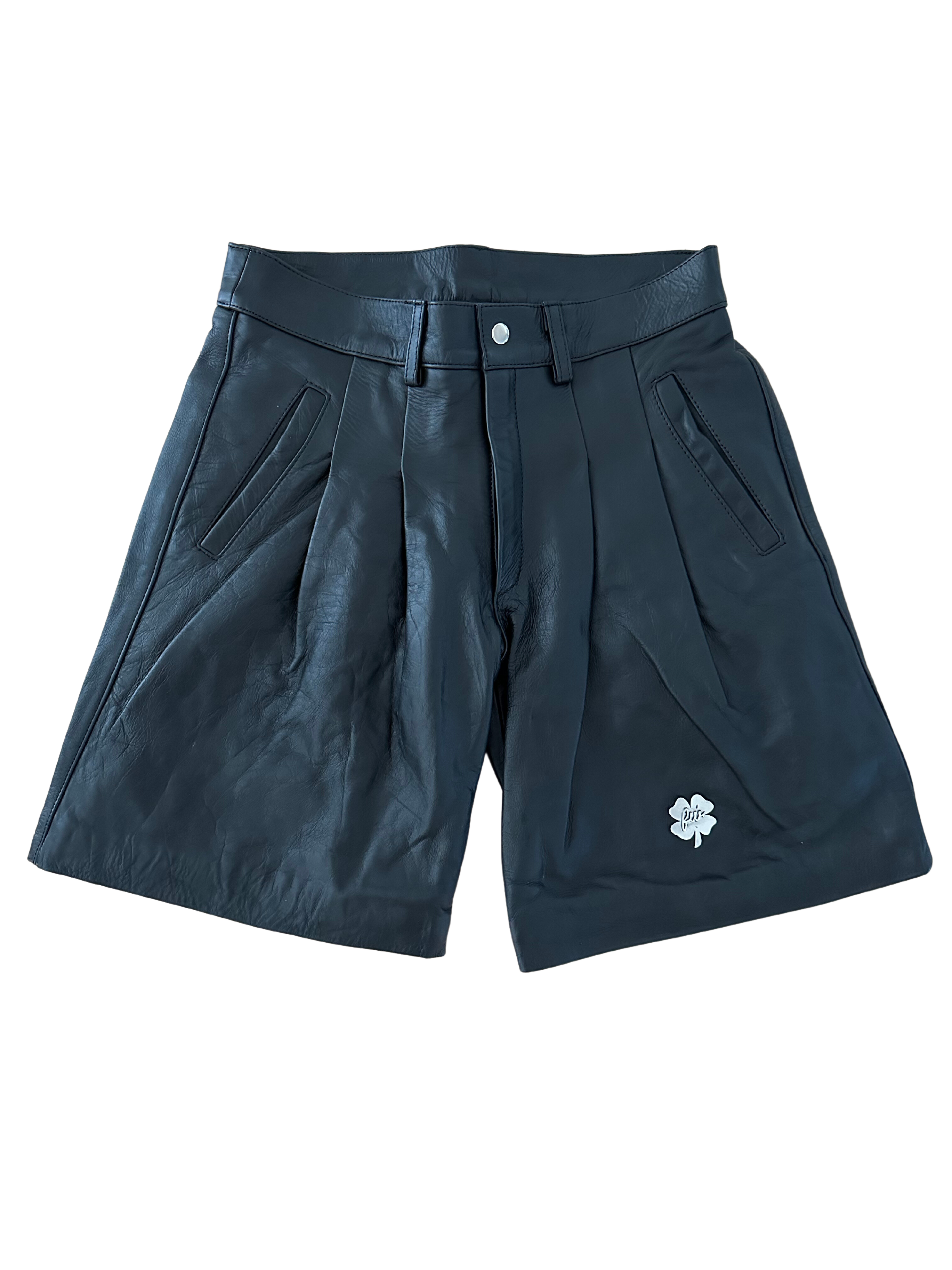 Black Leather Logo Shorts