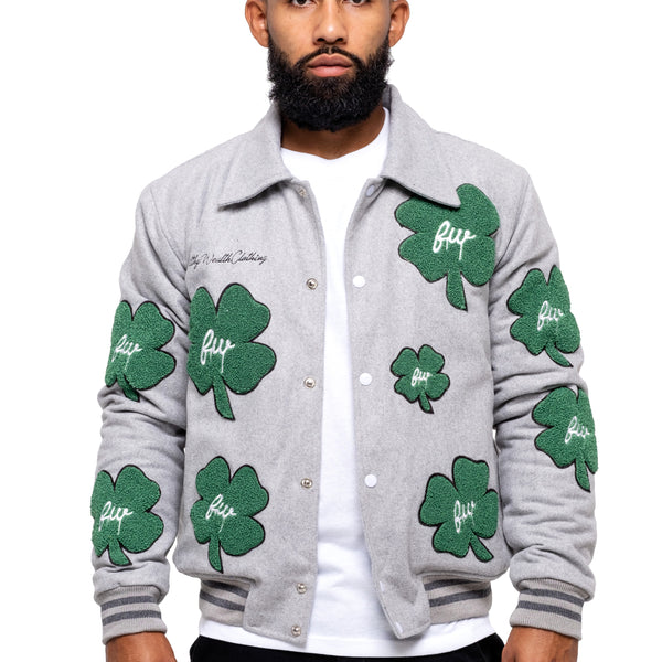 Men Gray Wool Clover Patch Varsity Jacket | Filthy Wealth – Filthy