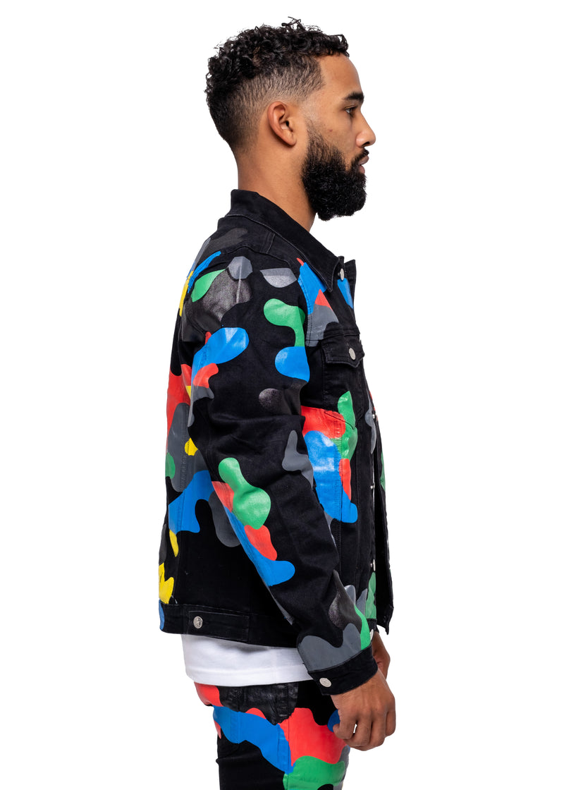 Men Black Camo Denim Jacket