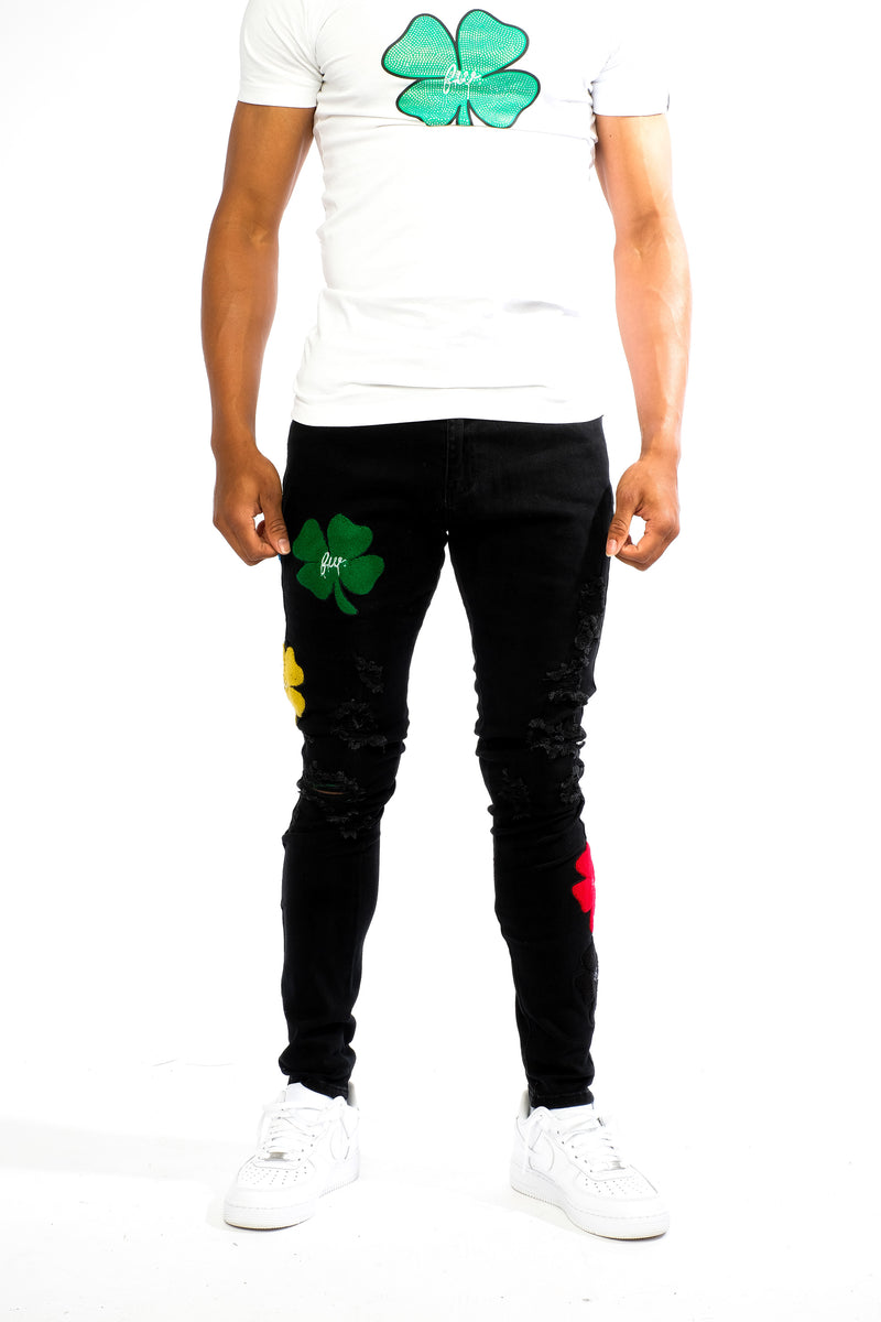 Multicolor Clover Patch Denim Pants