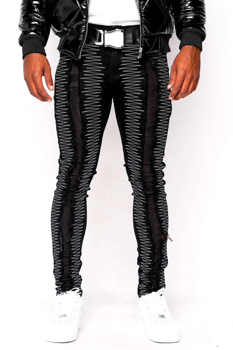 Black Stitched Denim Pants