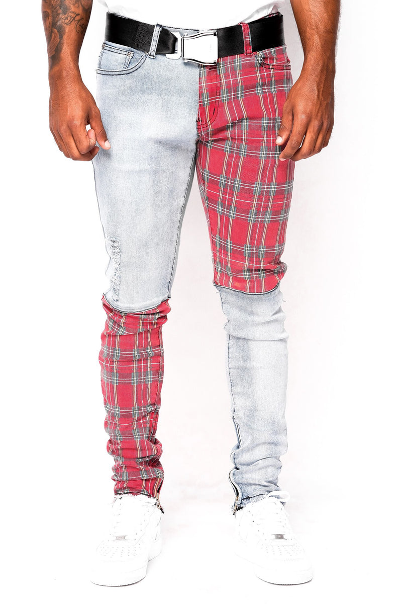 Blue Plaid Split Denim Pants