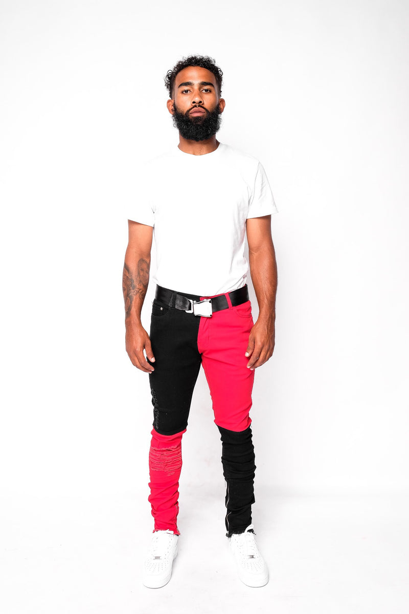 Black and Red Split Denim Pants