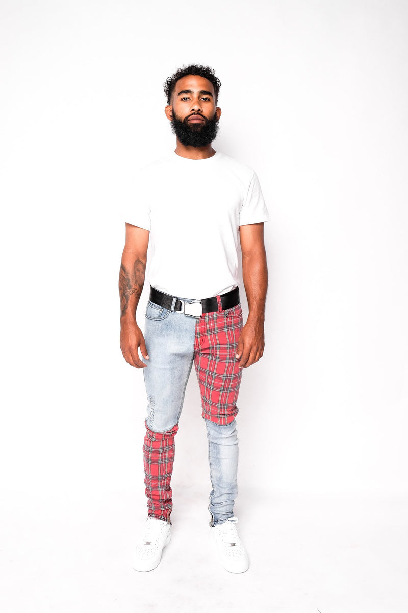 Blue Plaid Split Denim Pants